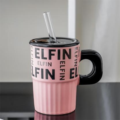Large Capacity English Letter Ceramic Travelling Mug with Lid & Straw – 16oz Aesthetic Couple Gift (Pink/Beige)