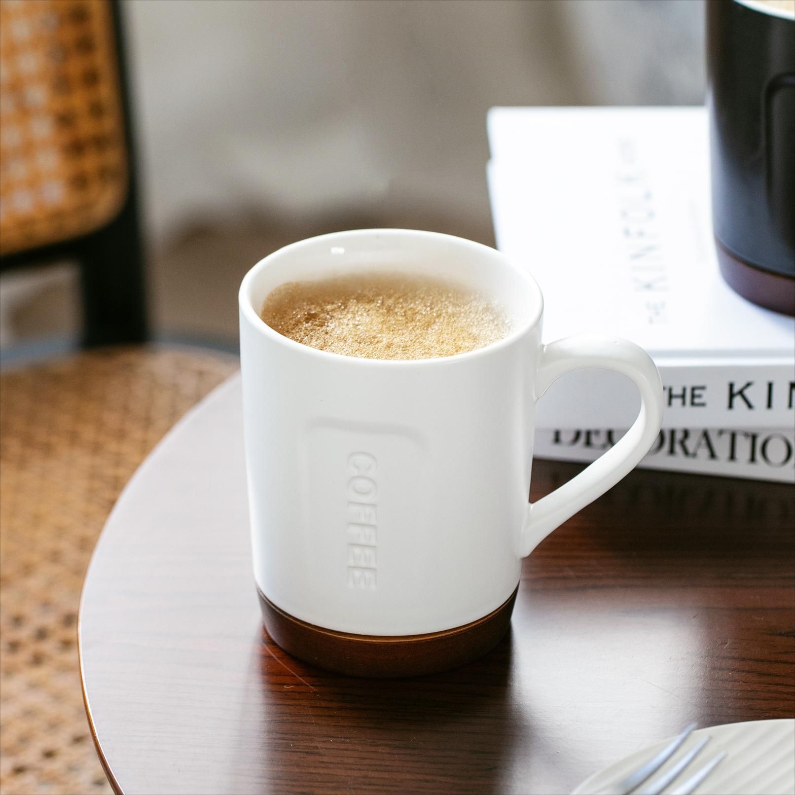 Modern Minimalist Ceramic Mug with Wooden Coaster – 14.2oz Embossed Coffee Cup for Office & Home (White/Black/Pink/Blue, 4.3"H x 3.5"D)