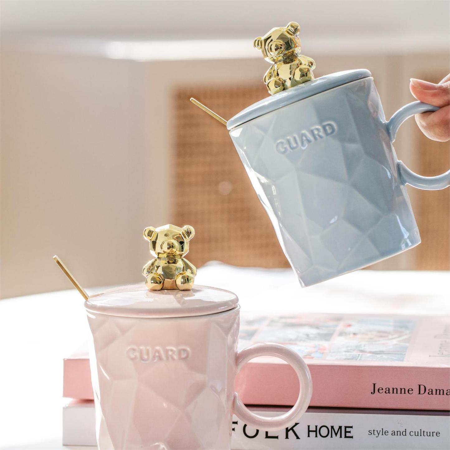 Golden Bear Ceramic Mug with Lid & Spoon – 10oz Aesthetic Coffee Cup for Girls, Couples & Gifting (Pink/Sky Blue/White/Pale Yellow)