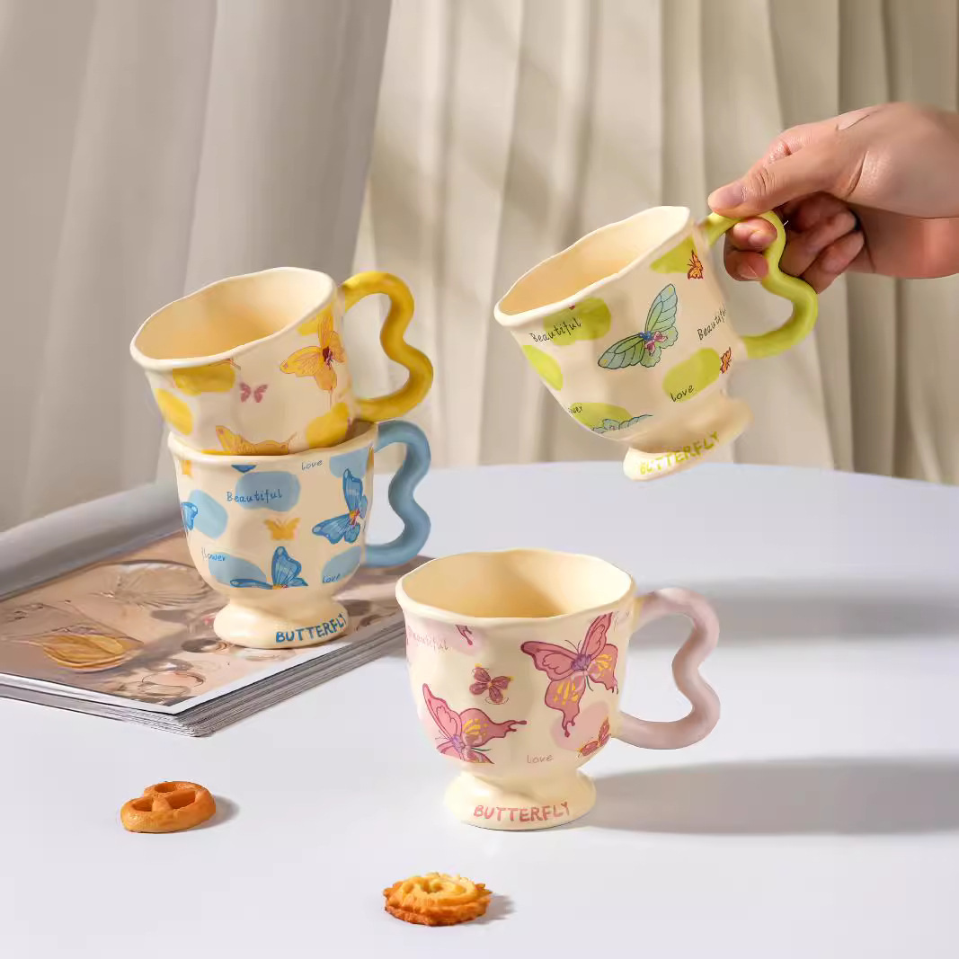 Whimsical Butterfly Ceramic Mug – 13.5oz Playful Coffee Cup with Cartoon Art, Microwave-Safe, Gift Box (4.1"H x 4.1"W)