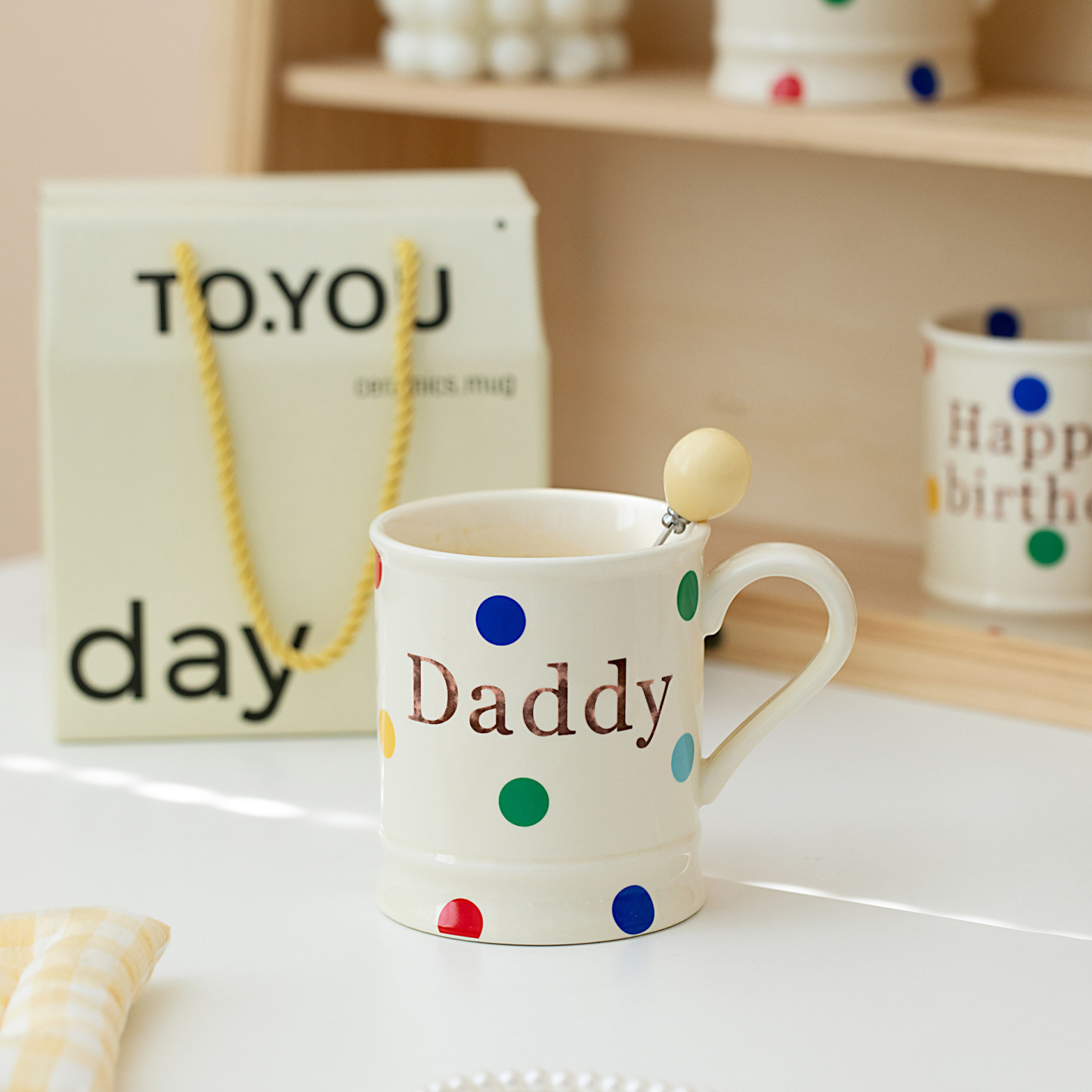 Polka Dot Ceramic Mug with Spoon – 14oz Cute Coffee Cup for Women, Office & Gifting (3.9"H x 3.3"W, Microwave-Safe, Customizable)