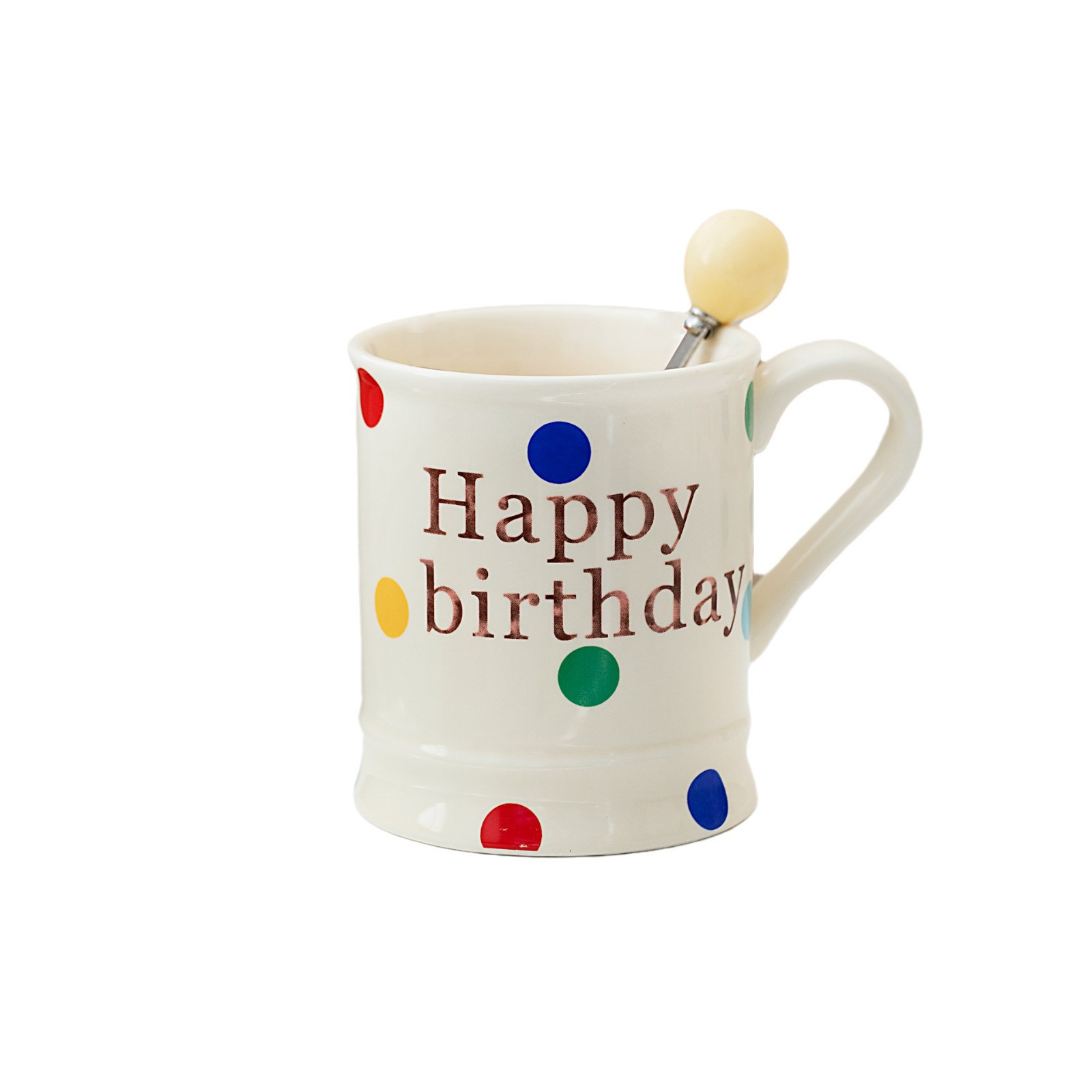 Polka Dot Ceramic Mug with Spoon – 14oz Cute Coffee Cup for Women, Office & Gifting (3.9"H x 3.3"W, Microwave-Safe, Customizable)