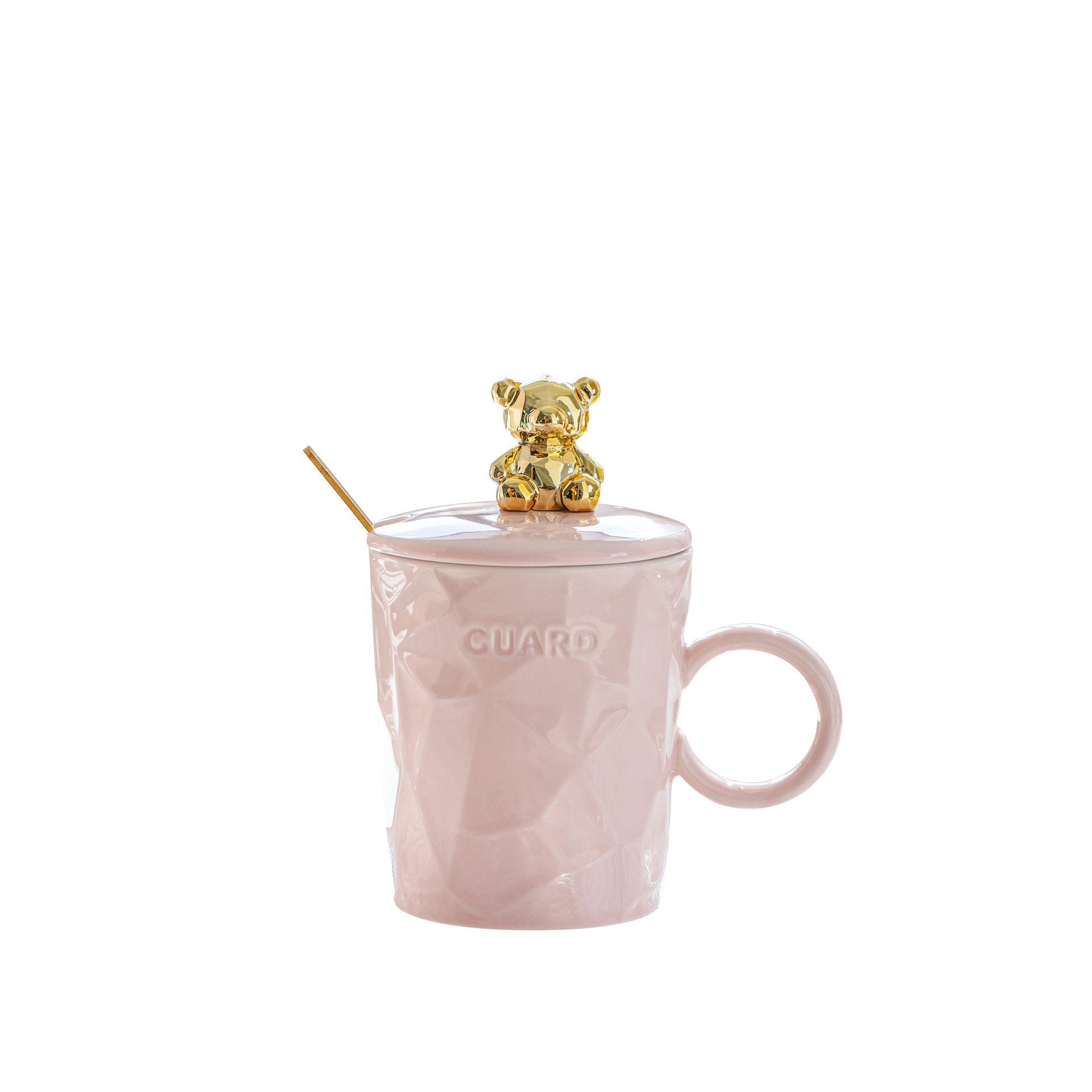 Golden Bear Ceramic Mug with Lid & Spoon – 10oz Aesthetic Coffee Cup for Girls, Couples & Gifting (Pink/Sky Blue/White/Pale Yellow)