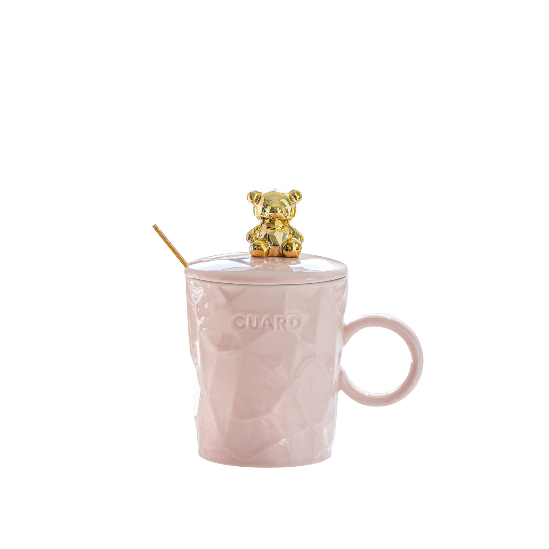 Golden Bear Ceramic Mug with Lid & Spoon – 10oz Aesthetic Coffee Cup for Girls, Couples & Gifting (Pink/Sky Blue/White/Pale Yellow)
