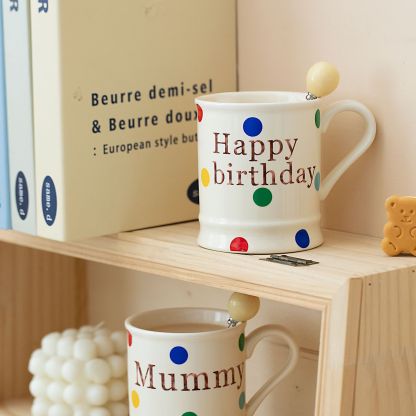 Polka Dot Ceramic Mug with Spoon – 14oz Cute Coffee Cup for Women, Office & Gifting (3.9"H x 3.3"W, Microwave-Safe, Customizable)