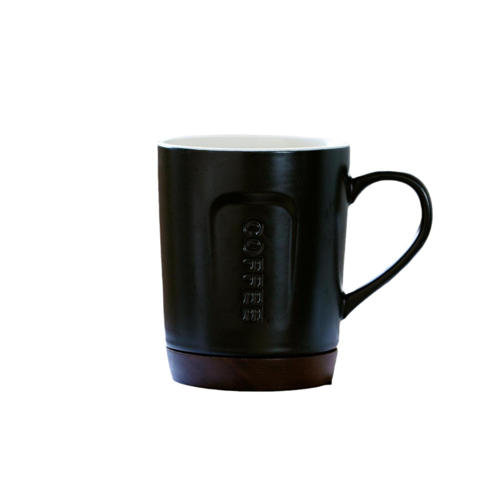 Modern Minimalist Ceramic Mug with Wooden Coaster – 14.2oz Embossed Coffee Cup for Office & Home (White/Black/Pink/Blue, 4.3"H x 3.5"D)