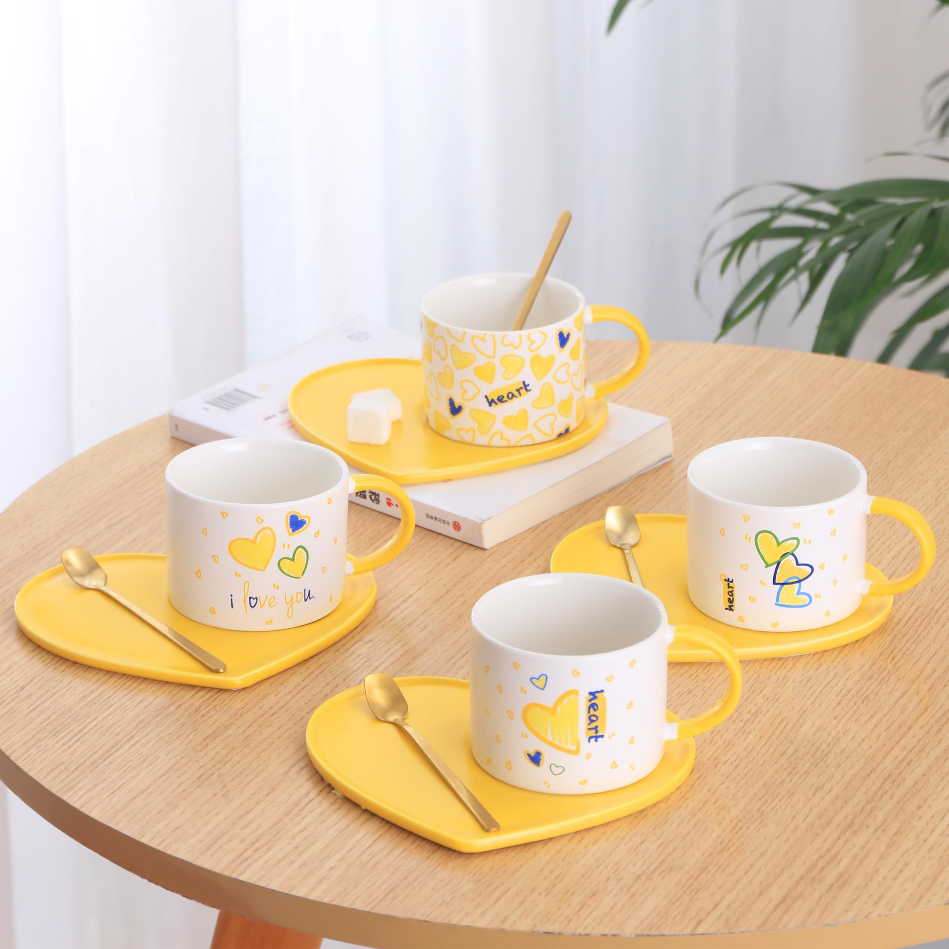 Sunshine Yellow Heart-Shaped Ceramic Cup & Saucer Set – 7oz Lovable Coffee Mug for Couples, Gifting & Branding