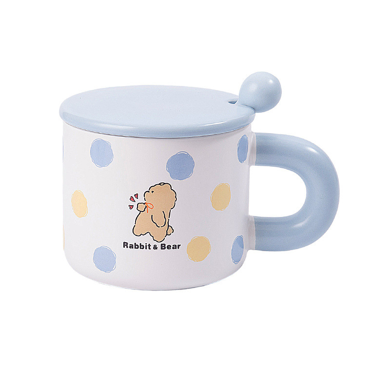 Cute Rabbit Bear Puppy Cartoon Ceramic Mug with Lid & Spoon – 13.5oz Aesthetic Gift for Students, Couples & Branding (4.3"H x 3.1"D, Gift Box)