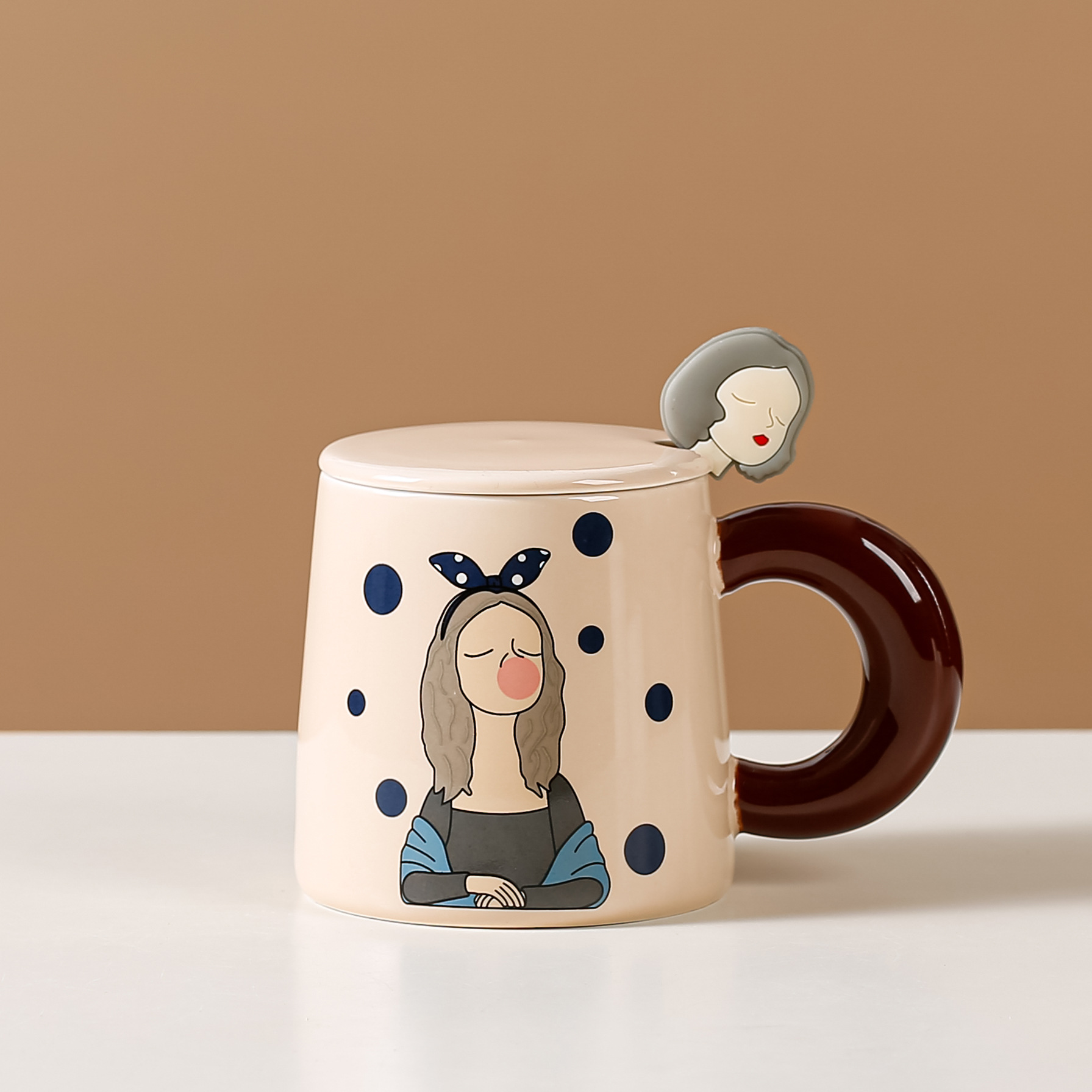 Creative Cartoon Girl Color-Blocked Ceramic Mug – 13oz Large Handle Cu