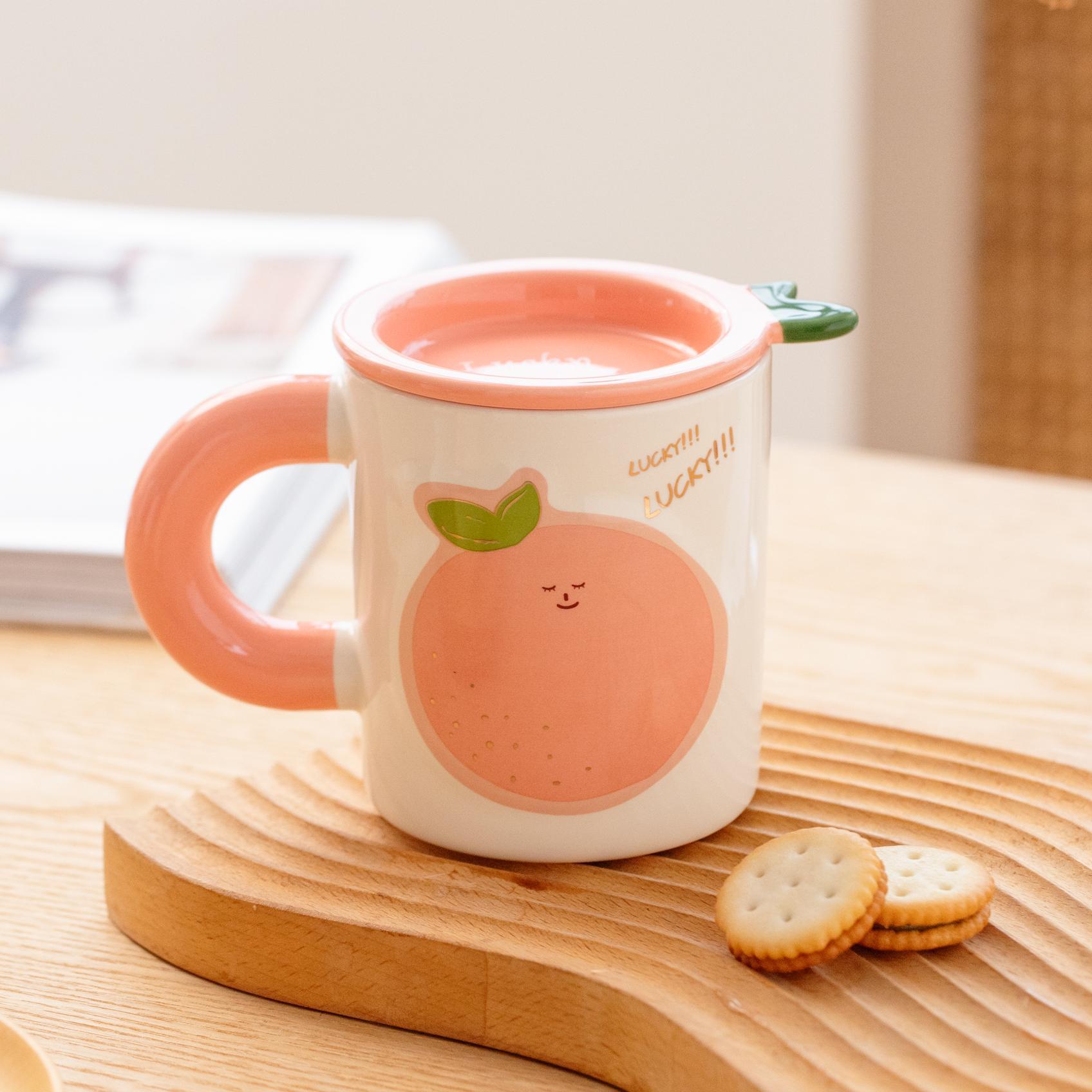 12oz Cartoon Fruit Ceramic Mug with Lid – Cute Watermelon/Orange/Peach/Grape Design, Microwave-Safe Coffee Cup for Students, Couples & Gifting (4.5"H × 3.5"W)