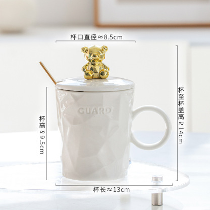 Golden Bear Ceramic Mug with Lid & Spoon – 10oz Aesthetic Coffee Cup for Girls, Couples & Gifting (Pink/Sky Blue/White/Pale Yellow)