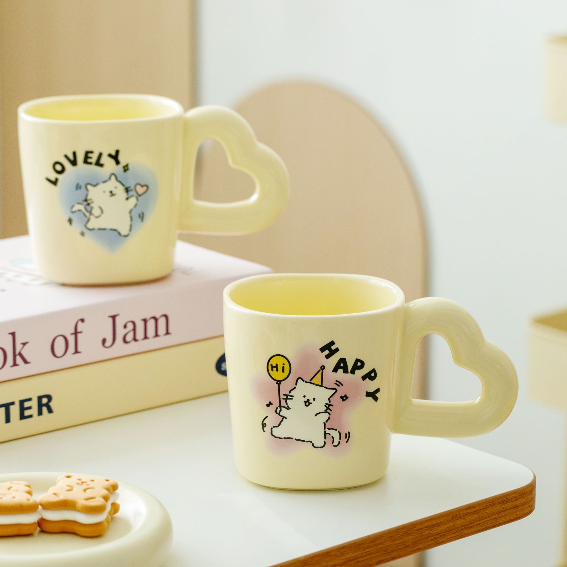 Customizable Cartoon Cat Ceramic Mug – 14oz Cute Coffee Cup with Animal Letters, Microwave-Safe & Gift Box (Purple/Pink/Blue)