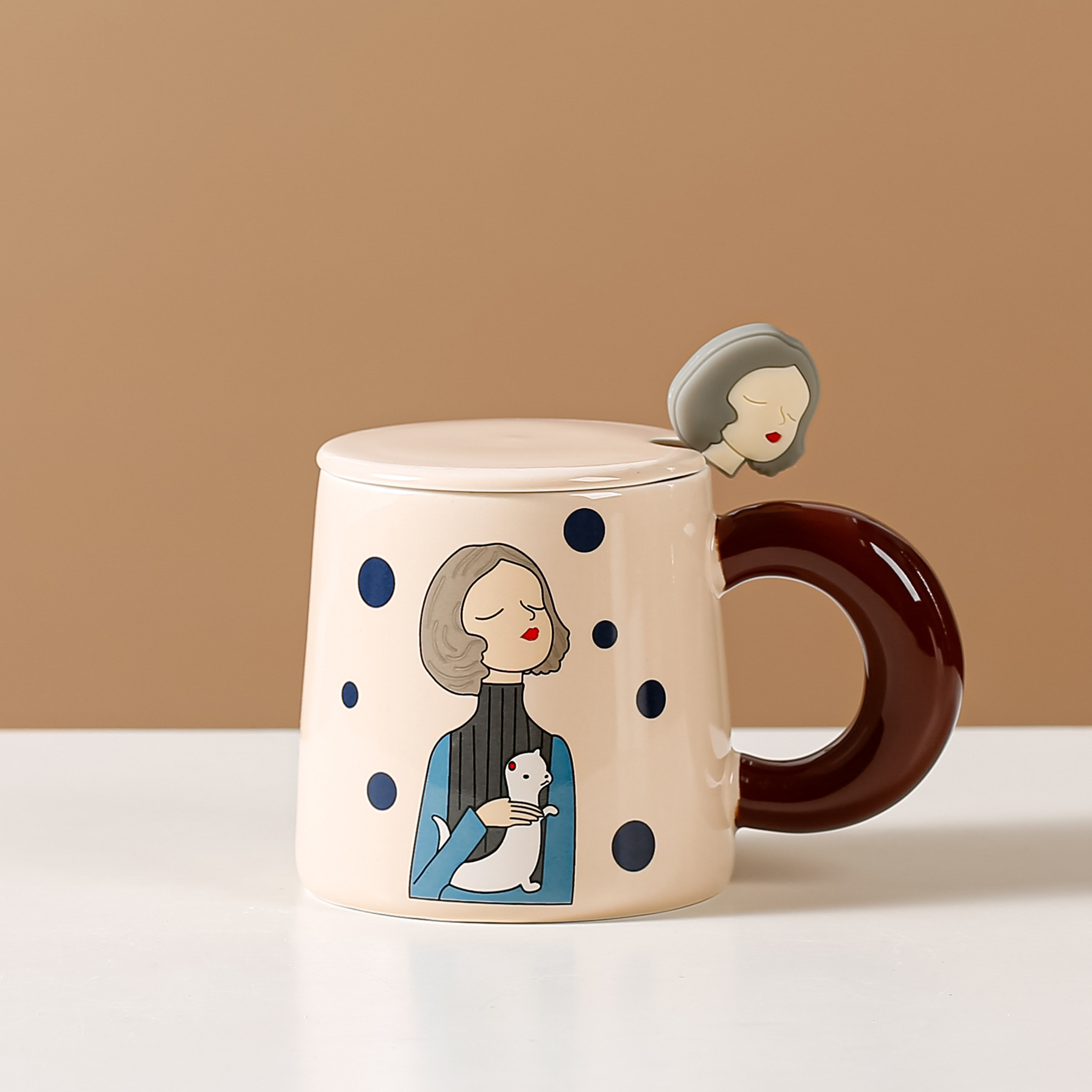 Creative Cartoon Girl Color-Blocked Ceramic Mug – 13oz Large Handle Cu
