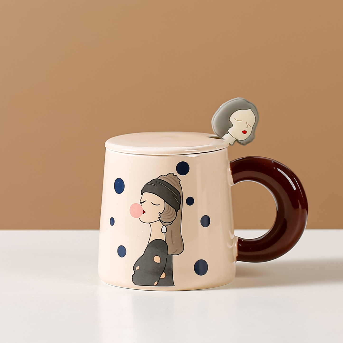 Creative Cartoon Girl Color-Blocked Ceramic Mug – 13oz Large Handle Cup for Couples, Office & Home Use (3.5"H x 3"W, Gift-Ready)