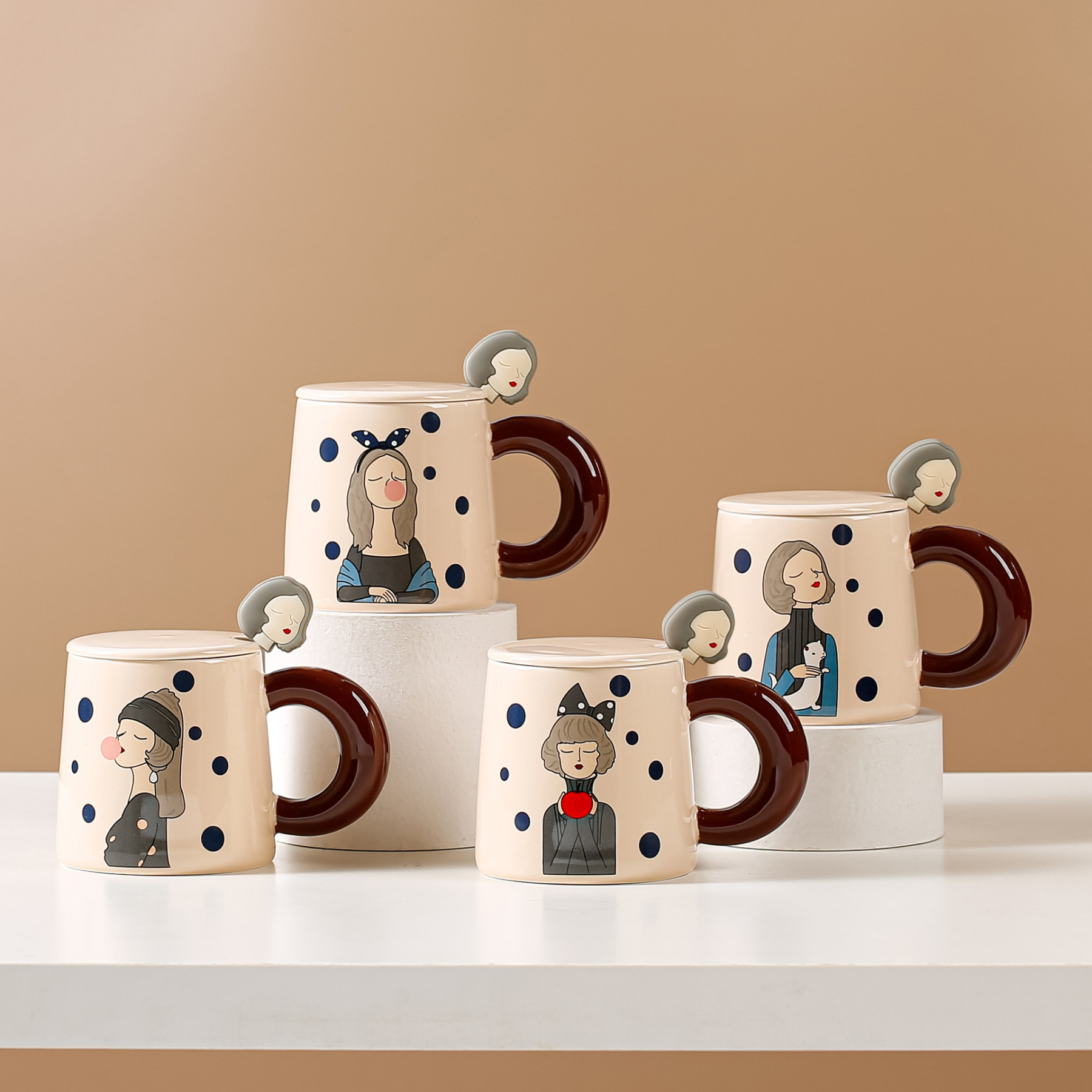 Creative Cartoon Girl Color-Blocked Ceramic Mug – 13oz Large Handle Cup for Couples, Office & Home Use (3.5"H x 3"W, Gift-Ready)