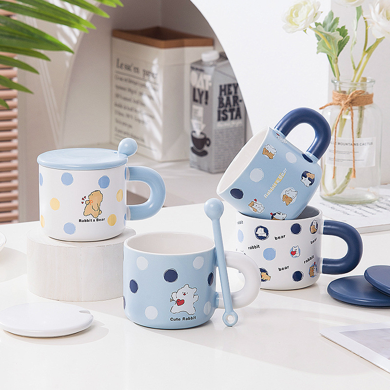 Cute Rabbit Bear Puppy Cartoon Ceramic Mug with Lid & Spoon – 13.5oz Aesthetic Gift for Students, Couples & Branding (4.3"H x 3.1"D, Gift Box)