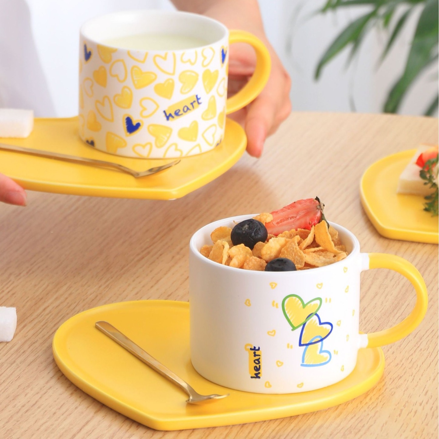 Sunshine Yellow Heart-Shaped Ceramic Cup & Saucer Set – 7oz Lovable Coffee Mug for Couples, Gifting & Branding