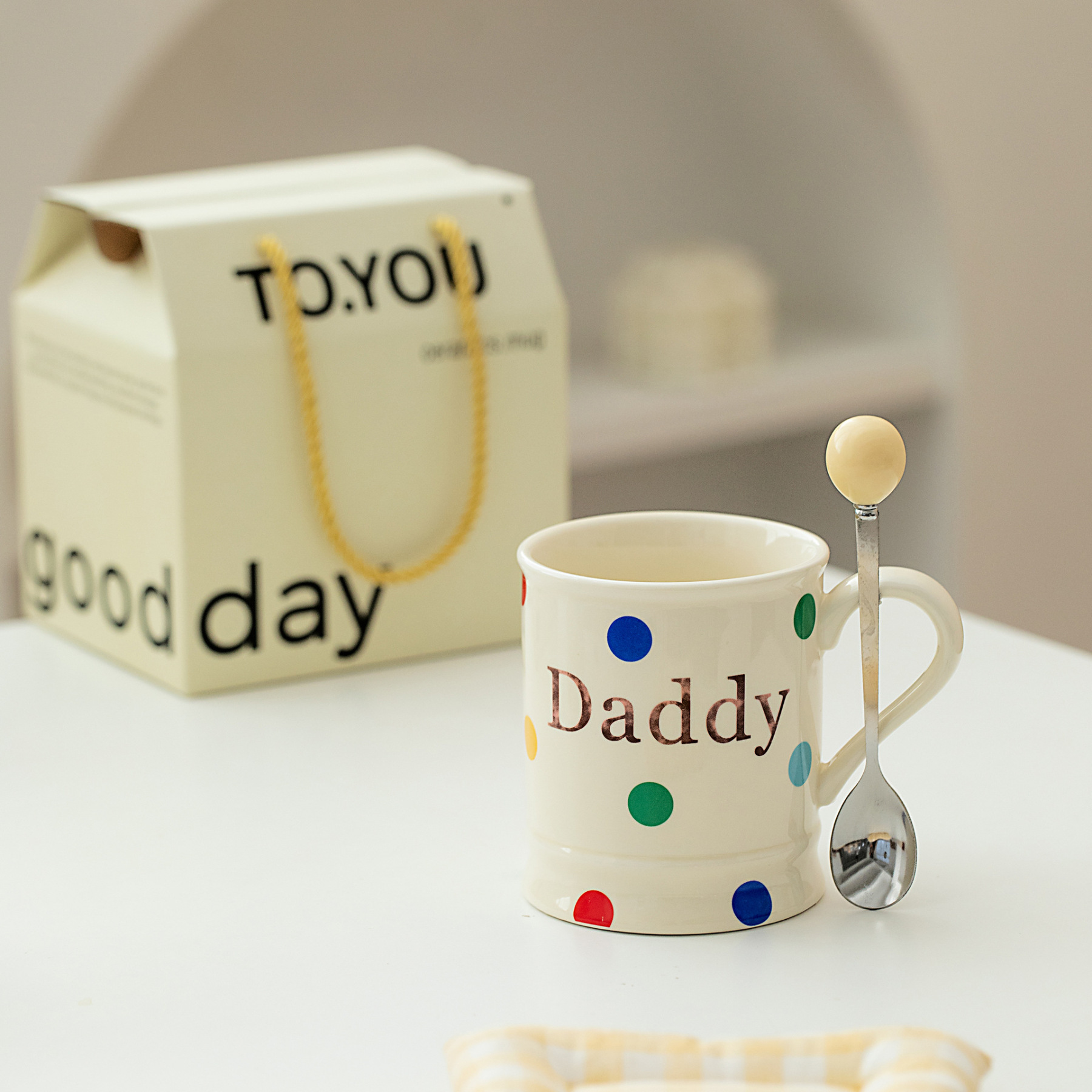 Polka Dot Ceramic Mug with Spoon – 14oz Cute Coffee Cup for Women, Off