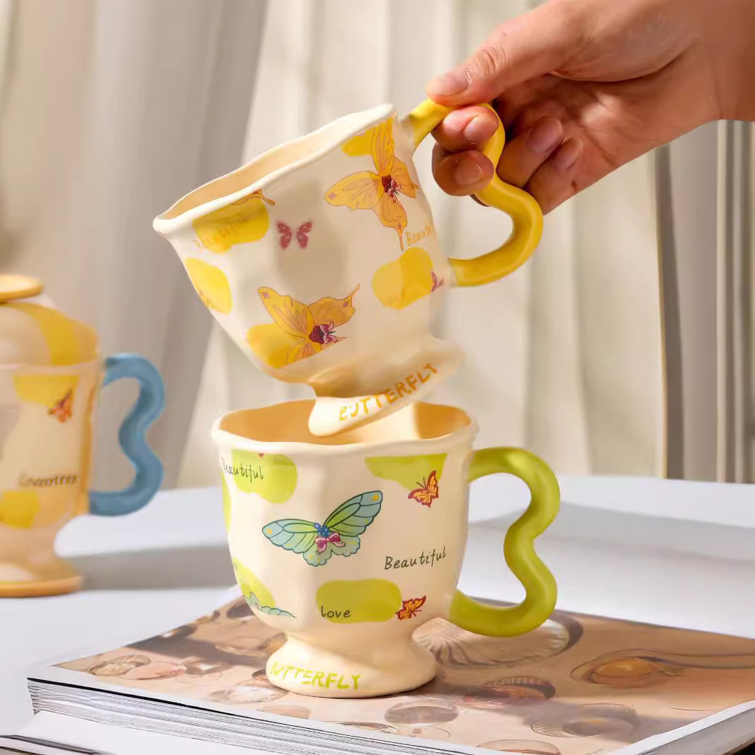 Whimsical Butterfly Ceramic Mug – 13.5oz Playful Coffee Cup with Cartoon Art, Microwave-Safe, Gift Box (4.1"H x 4.1"W)