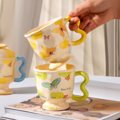 Whimsical Butterfly Ceramic Mug – 13.5oz Playful Coffee Cup with Cartoon Art, Microwave-Safe, Gift Box (4.1"H x 4.1"W)