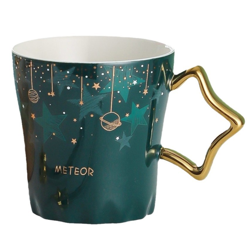 Starry Night Sky Ceramic Mug with Gold-Plated Handle & Lid – 13.5oz Elegant Coffee Cup Gift Set for Couples & Office (3.9"H x 3.7"W)