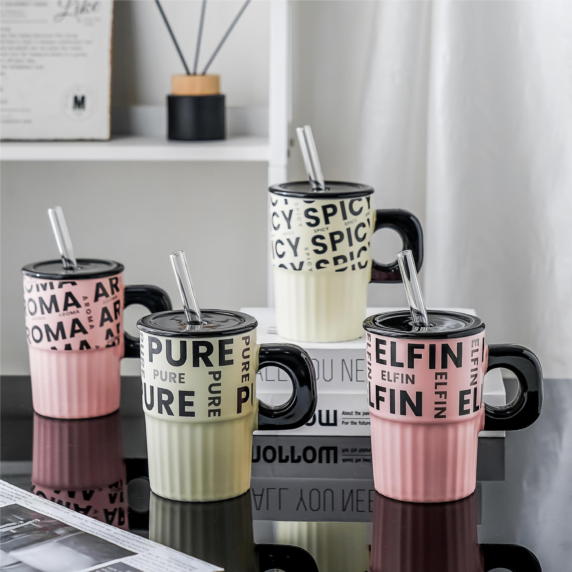 Large Capacity English Letter Ceramic Travelling Mug with Lid & Straw – 16oz Aesthetic Couple Gift (Pink/Beige)