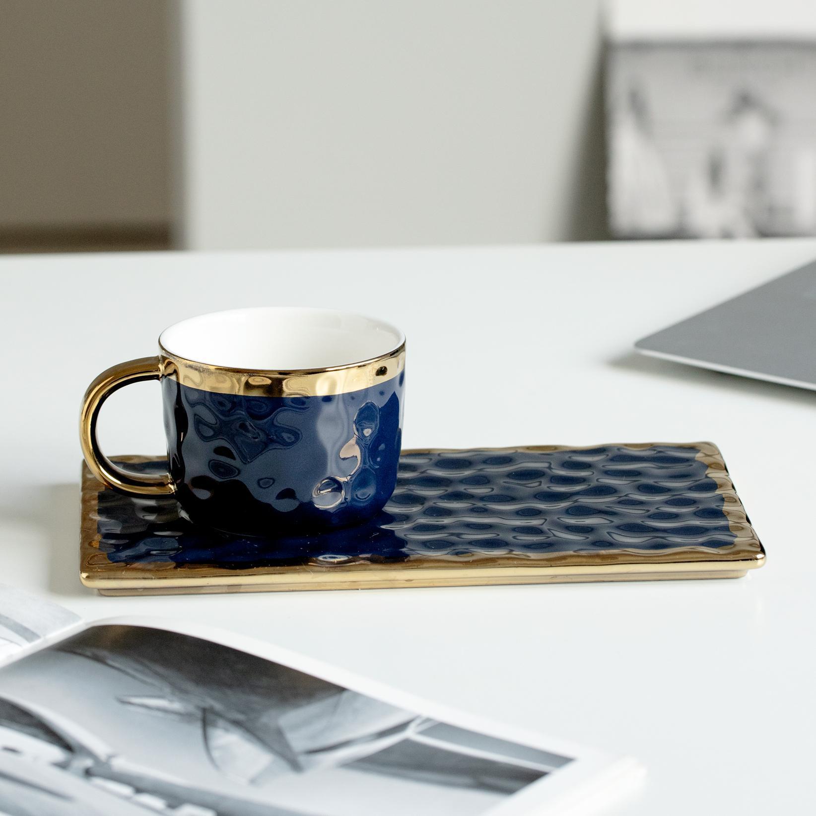 Nordic Luxury Ceramic Coffee Set with Saucer – 6oz Minimalist Espresso Cup & Square Dish for Home & Gifting (Elegant Green/Blue/Black)