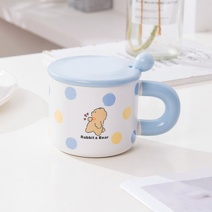 Cute Rabbit Bear Puppy Cartoon Ceramic Mug with Lid & Spoon – 13.5oz Aesthetic Gift for Students, Couples & Branding (4.3"H x 3.1"D, Gift Box)