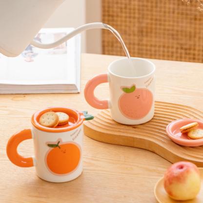 12oz Cartoon Fruit Ceramic Mug with Lid – Cute Watermelon/Orange/Peach/Grape Design, Microwave-Safe Coffee Cup for Students, Couples & Gifting (4.5"H × 3.5"W)
