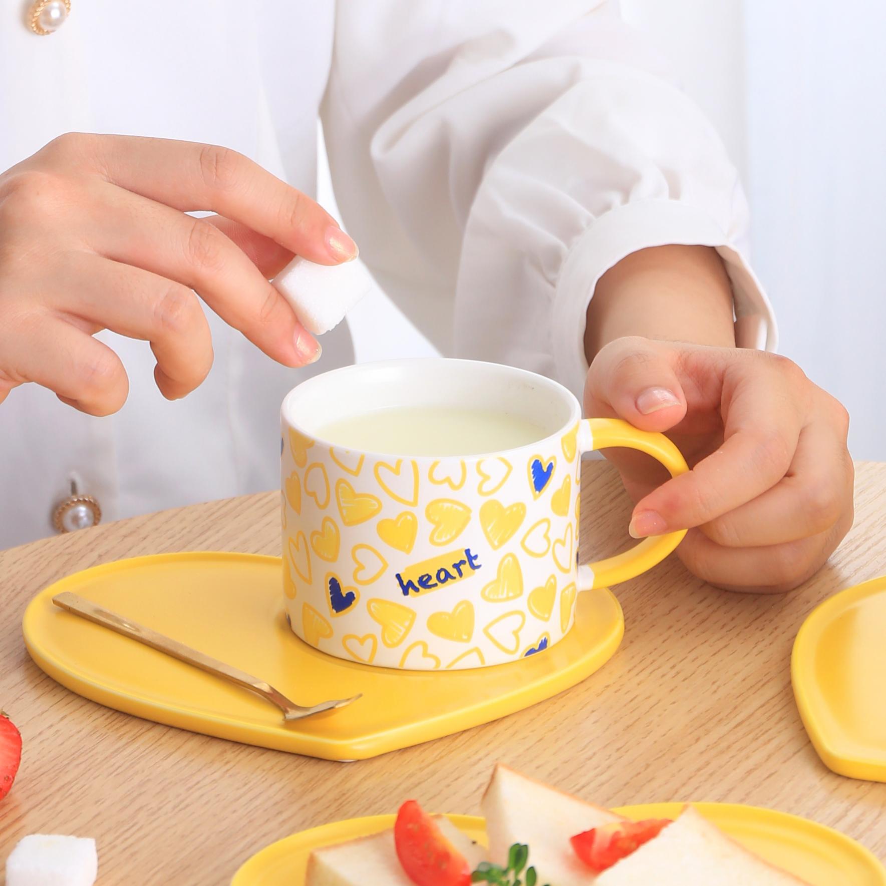 Sunshine Yellow Heart-Shaped Ceramic Cup & Saucer Set – 7oz Lovable Coffee Mug for Couples, Gifting & Branding