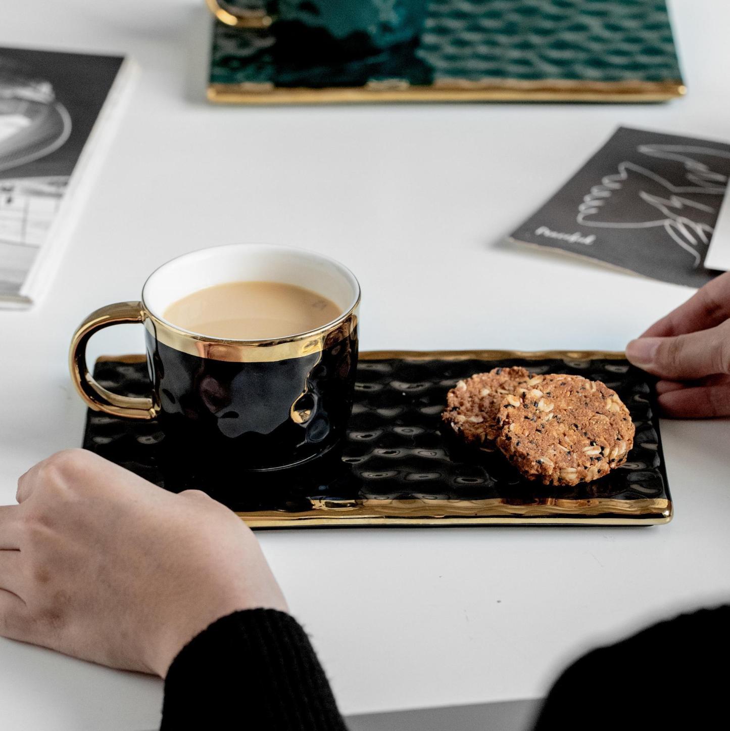 Nordic Luxury Ceramic Coffee Set with Saucer – 6oz Minimalist Espresso Cup & Square Dish for Home & Gifting (Elegant Green/Blue/Black)