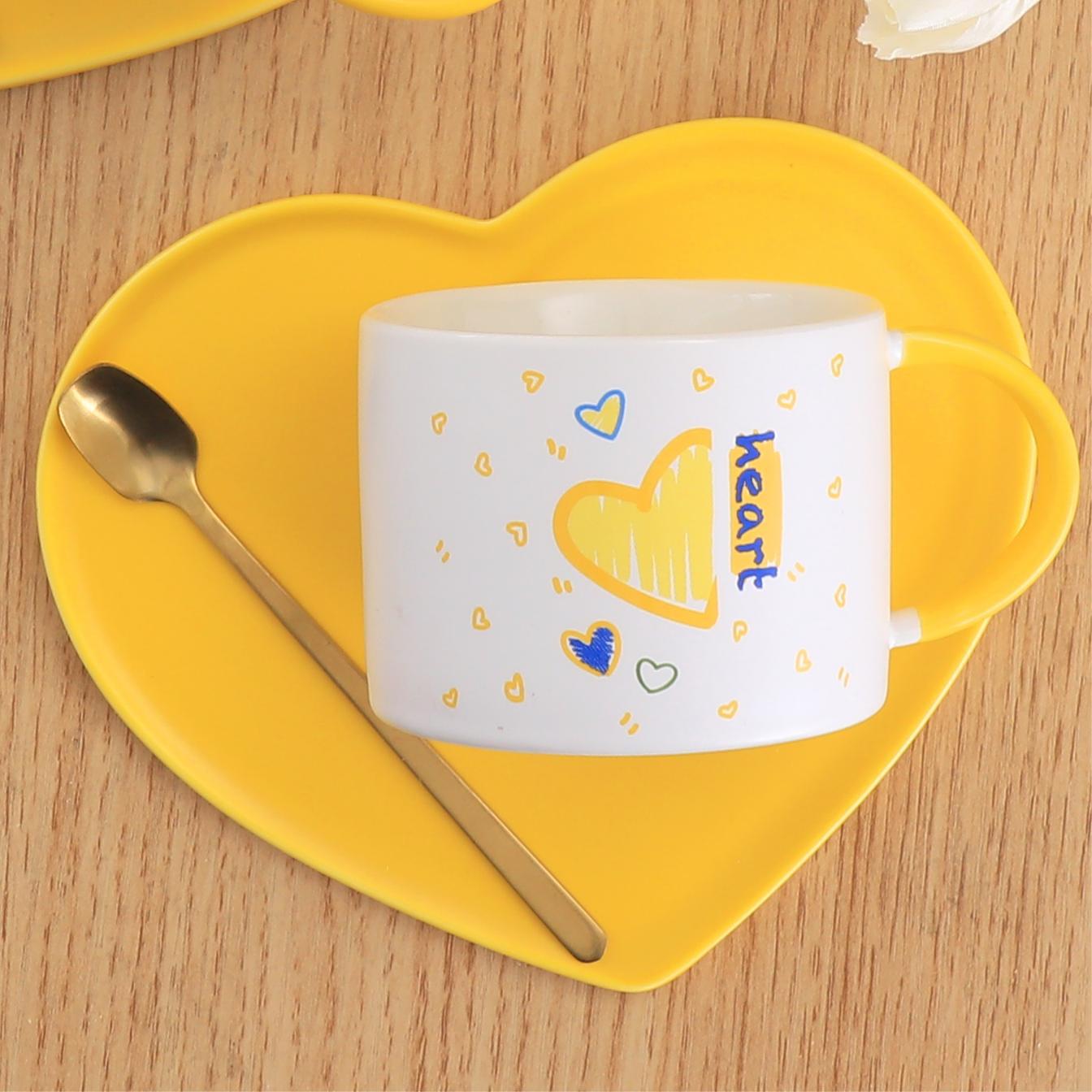 Sunshine Yellow Heart-Shaped Ceramic Cup & Saucer Set – 7oz Lovable Coffee Mug for Couples, Gifting & Branding