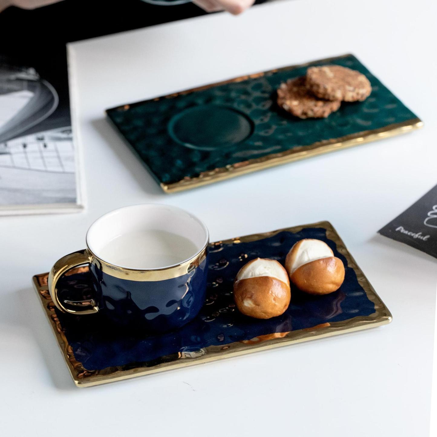 Nordic Luxury Ceramic Coffee Set with Saucer – 6oz Minimalist Espresso Cup & Square Dish for Home & Gifting (Elegant Green/Blue/Black)