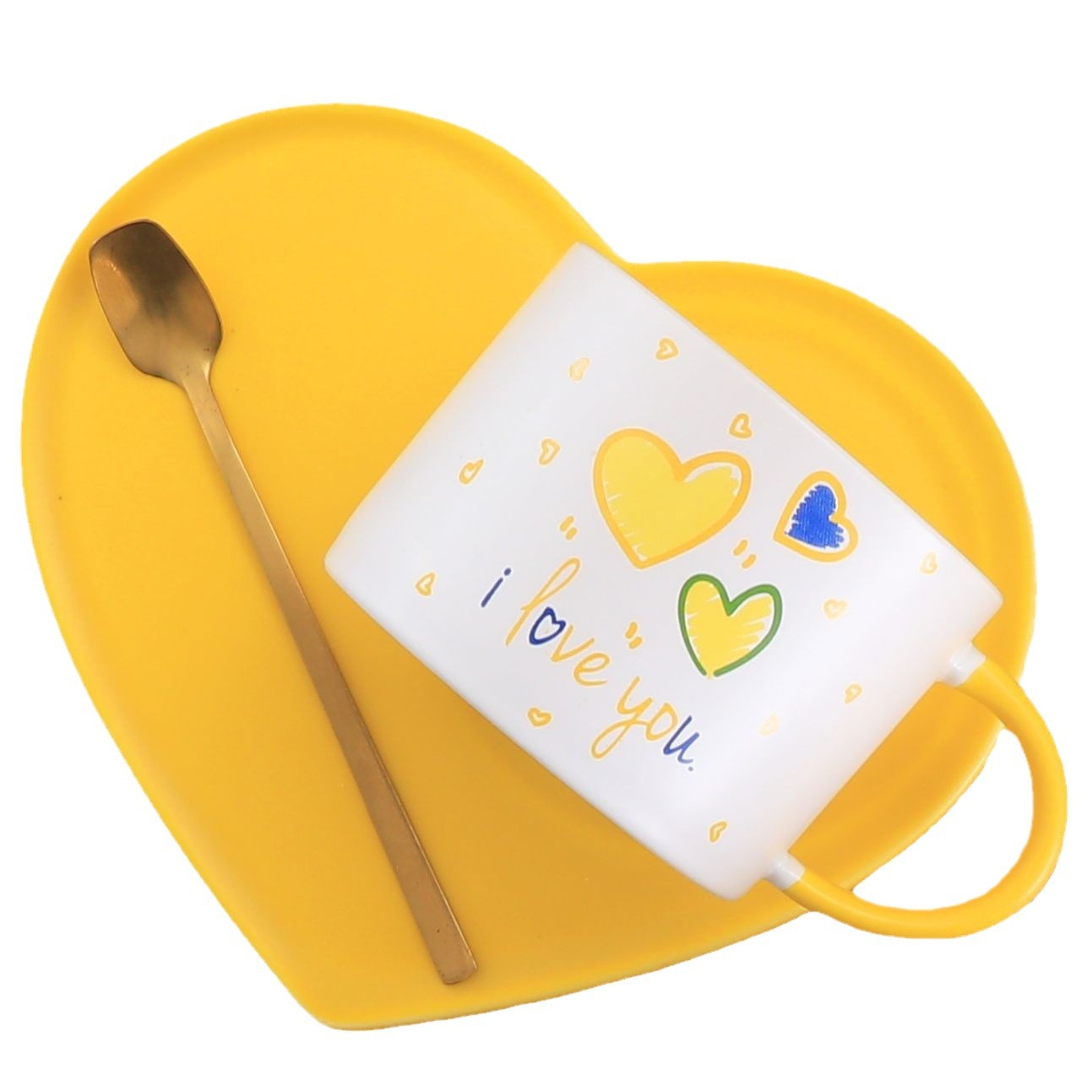 Sunshine Yellow Heart-Shaped Ceramic Cup & Saucer Set – 7oz Lovable Coffee Mug for Couples, Gifting & Branding