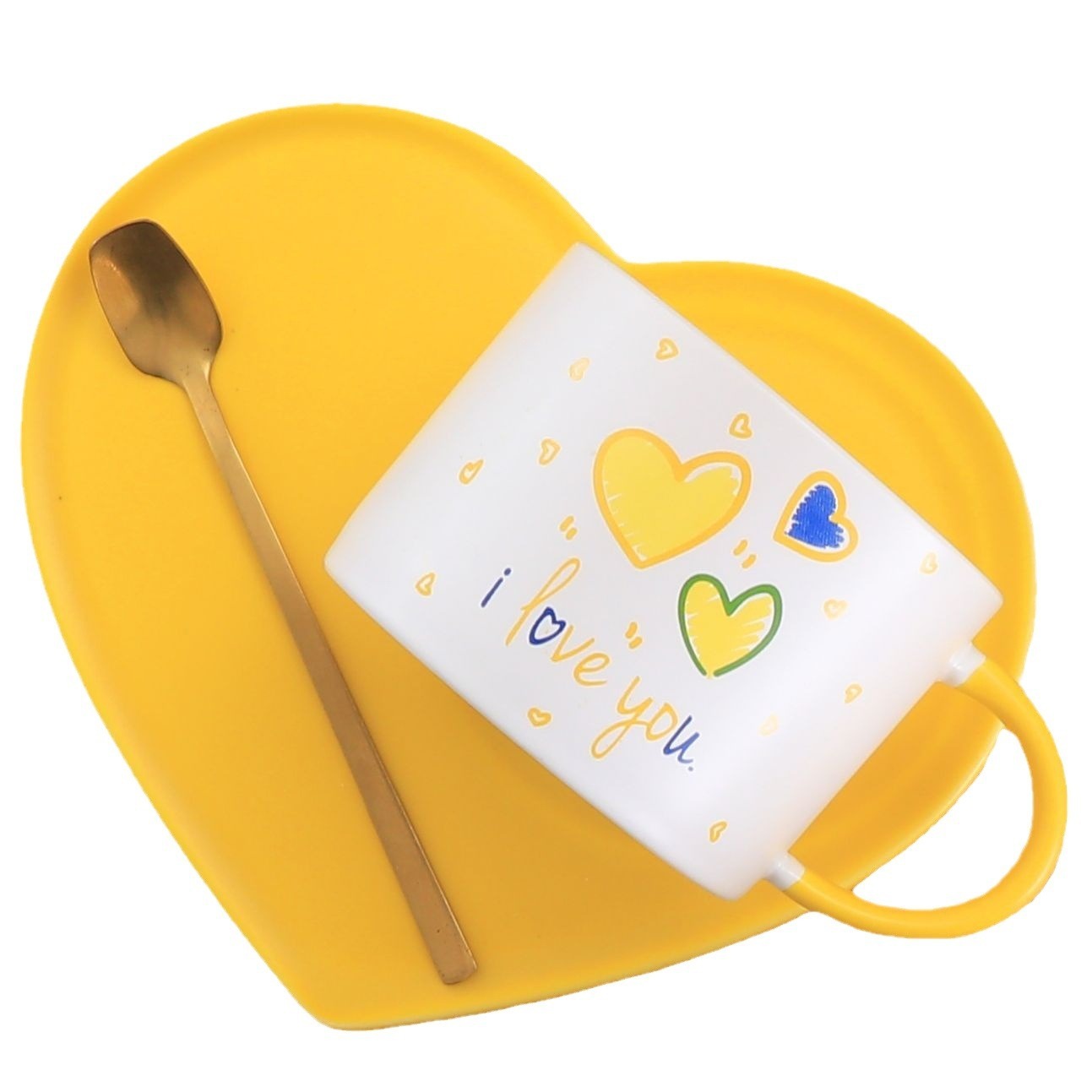 Sunshine Yellow Heart-Shaped Ceramic Cup & Saucer Set – 7oz Lovable Coffee Mug for Couples, Gifting & Branding