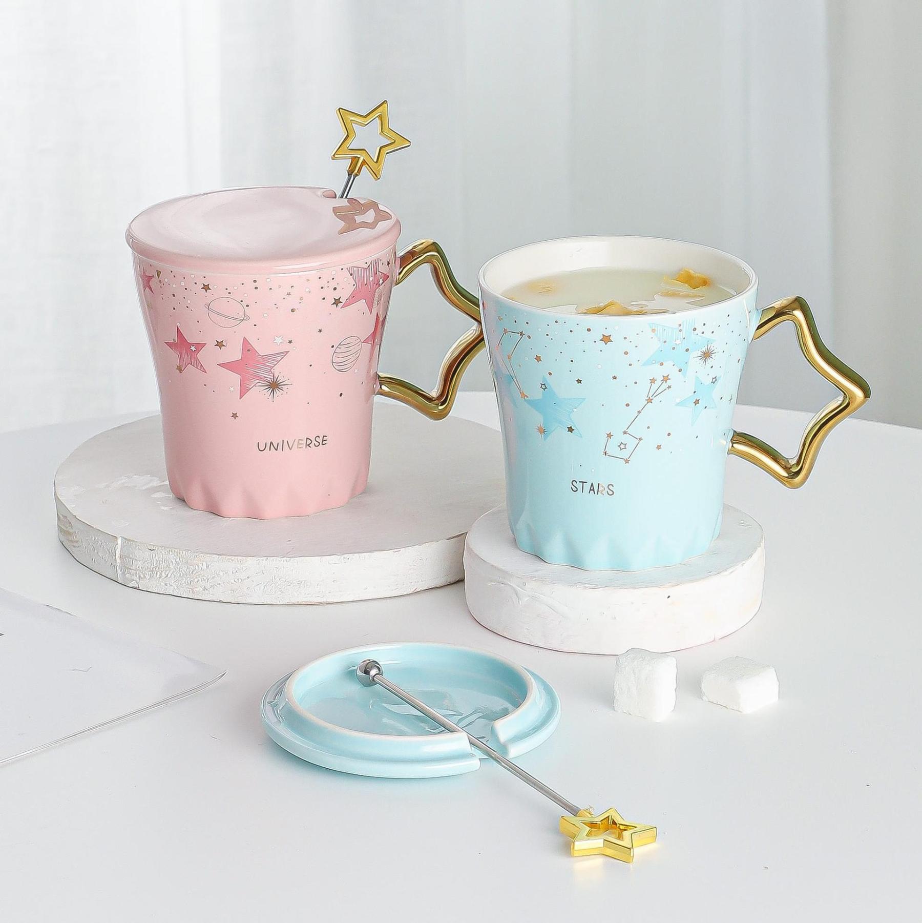 Starry Night Sky Ceramic Mug with Gold-Plated Handle & Lid – 13.5oz Elegant Coffee Cup Gift Set for Couples & Office (3.9"H x 3.7"W)