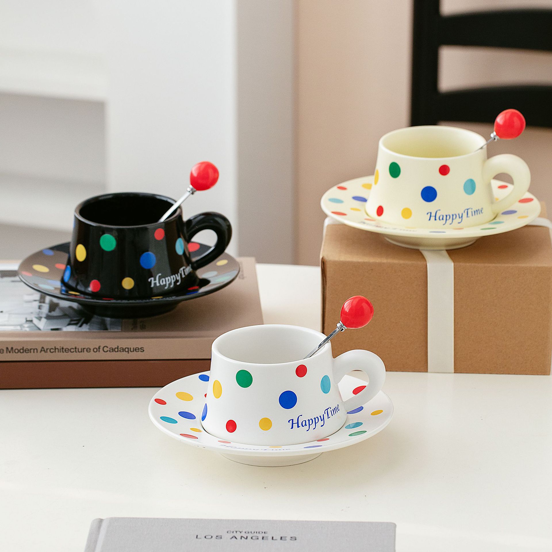 Modern Polka Dot Coffee Mug Set – 8.8oz Minimalist Ceramic Cup & Saucer for Office, Couples & Home (Black/White/Beige, Gift Box)