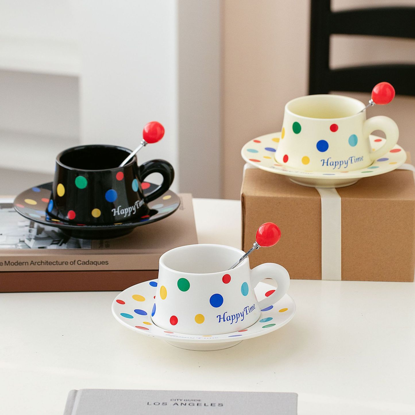 Modern Polka Dot Coffee Mug Set – 8.8oz Minimalist Ceramic Cup & Saucer for Office, Couples & Home (Black/White/Beige, Gift Box)