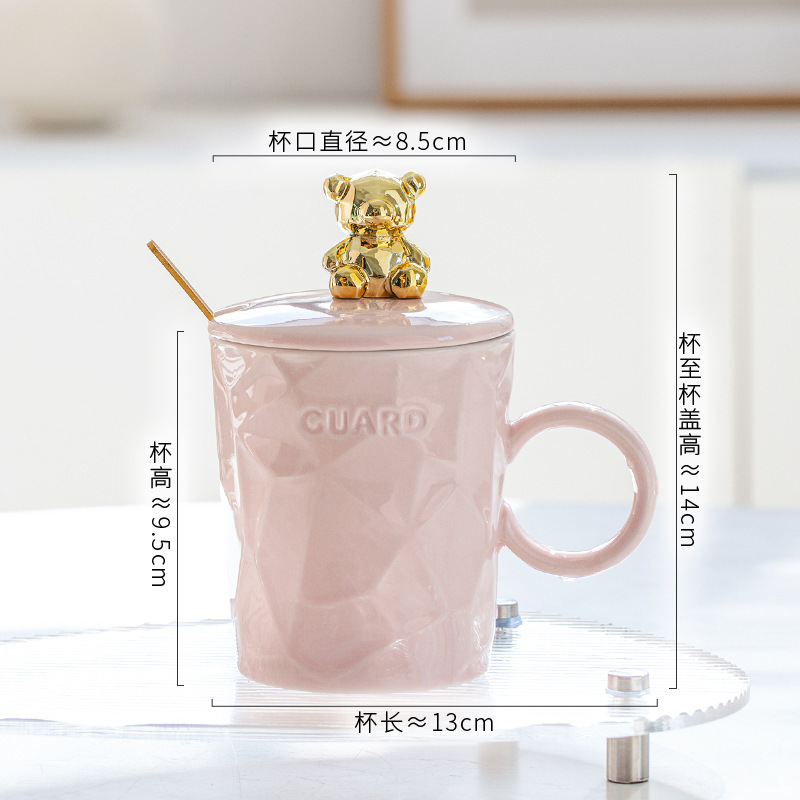 Golden Bear Ceramic Mug with Lid & Spoon – 10oz Aesthetic Coffee Cup for Girls, Couples & Gifting (Pink/Sky Blue/White/Pale Yellow)