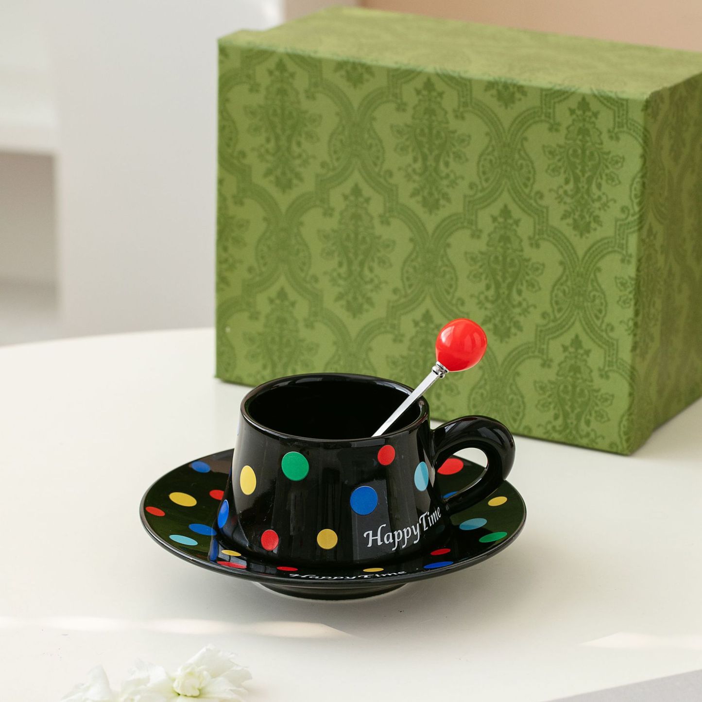 Modern Polka Dot Coffee Mug Set – 8.8oz Minimalist Ceramic Cup & Saucer for Office, Couples & Home (Black/White/Beige, Gift Box)