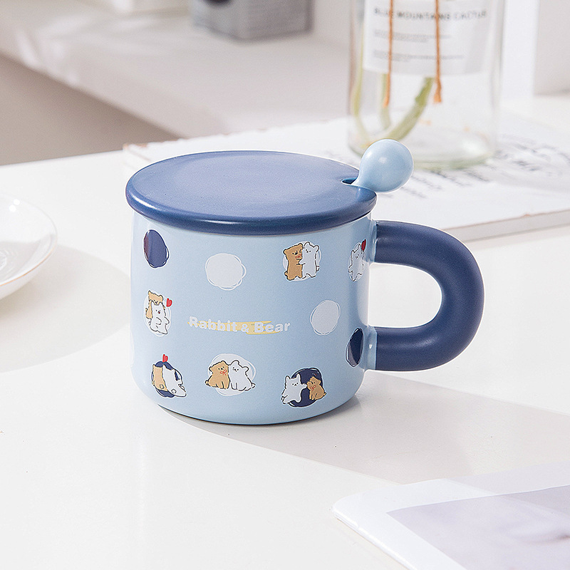 Cute Rabbit Bear Puppy Cartoon Ceramic Mug with Lid & Spoon – 13.5oz Aesthetic Gift for Students, Couples & Branding (4.3"H x 3.1"D, Gift Box)