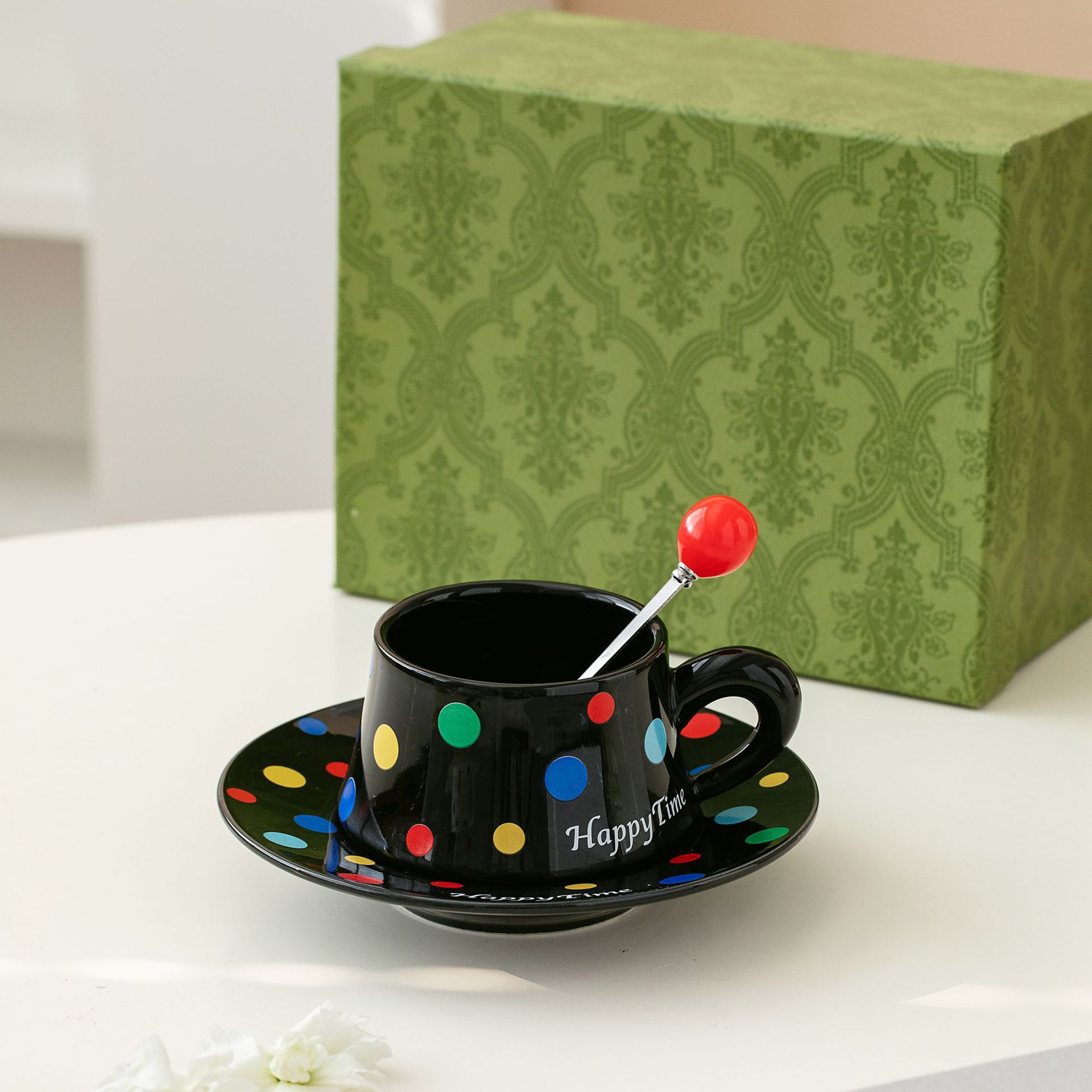 Modern Polka Dot Coffee Mug Set – 8.8oz Minimalist Ceramic Cup & Saucer for Office, Couples & Home (Black/White/Beige, Gift Box)