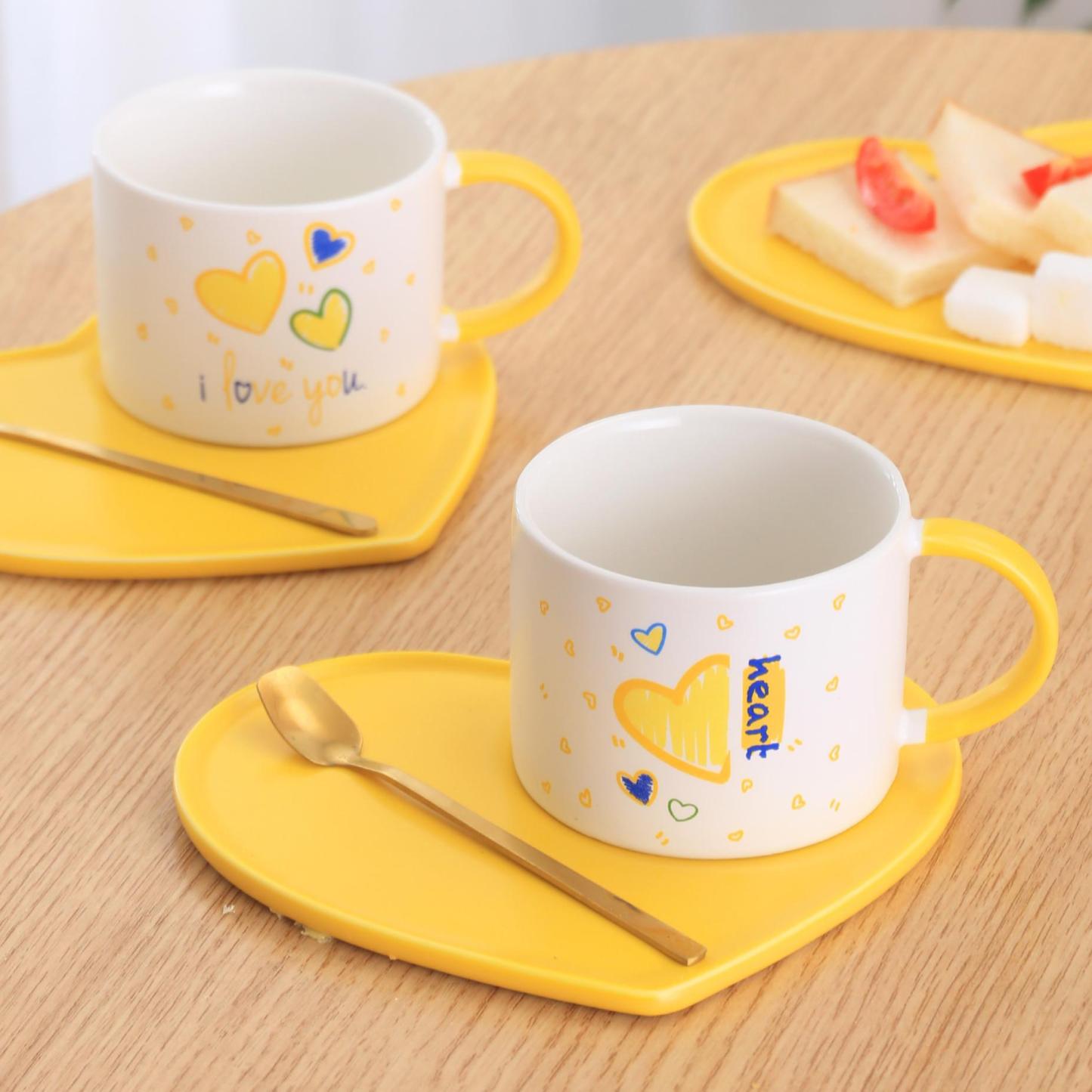 Sunshine Yellow Heart-Shaped Ceramic Cup & Saucer Set – 7oz Lovable Coffee Mug for Couples, Gifting & Branding