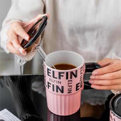 Large Capacity English Letter Ceramic Travelling Mug with Lid & Straw – 16oz Aesthetic Couple Gift (Pink/Beige)