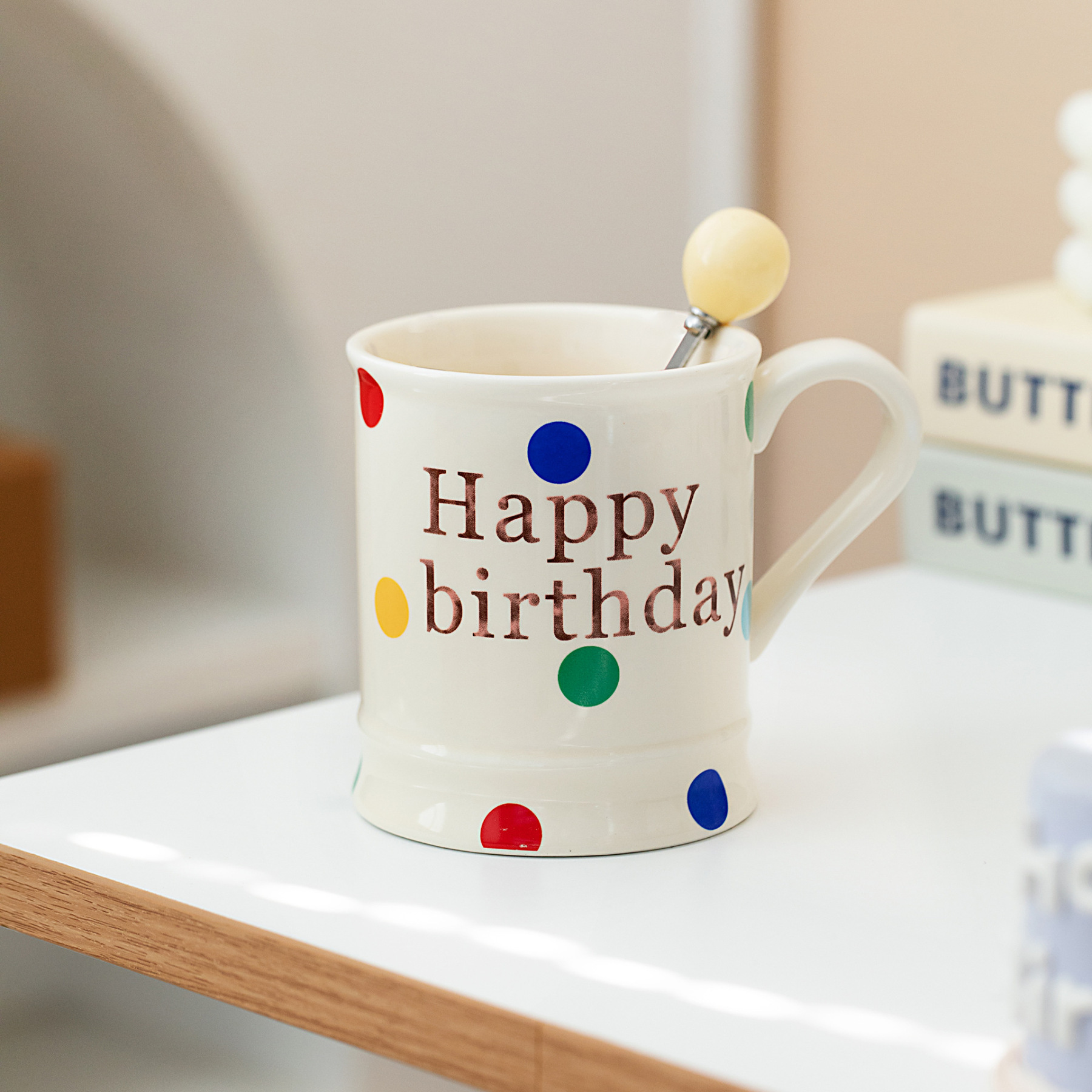 Polka Dot Ceramic Mug with Spoon – 14oz Cute Coffee Cup for Women, Office & Gifting (3.9"H x 3.3"W, Microwave-Safe, Customizable)