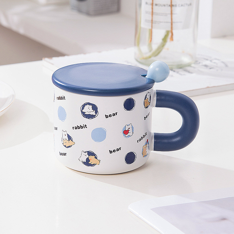 Cute Rabbit Bear Puppy Cartoon Ceramic Mug with Lid & Spoon – 13.5oz Aesthetic Gift for Students, Couples & Branding (4.3"H x 3.1"D, Gift Box)