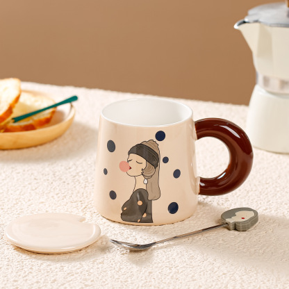 Creative Cartoon Girl Color-Blocked Ceramic Mug – 13oz Large Handle Cup for Couples, Office & Home Use (3.5"H x 3"W, Gift-Ready)