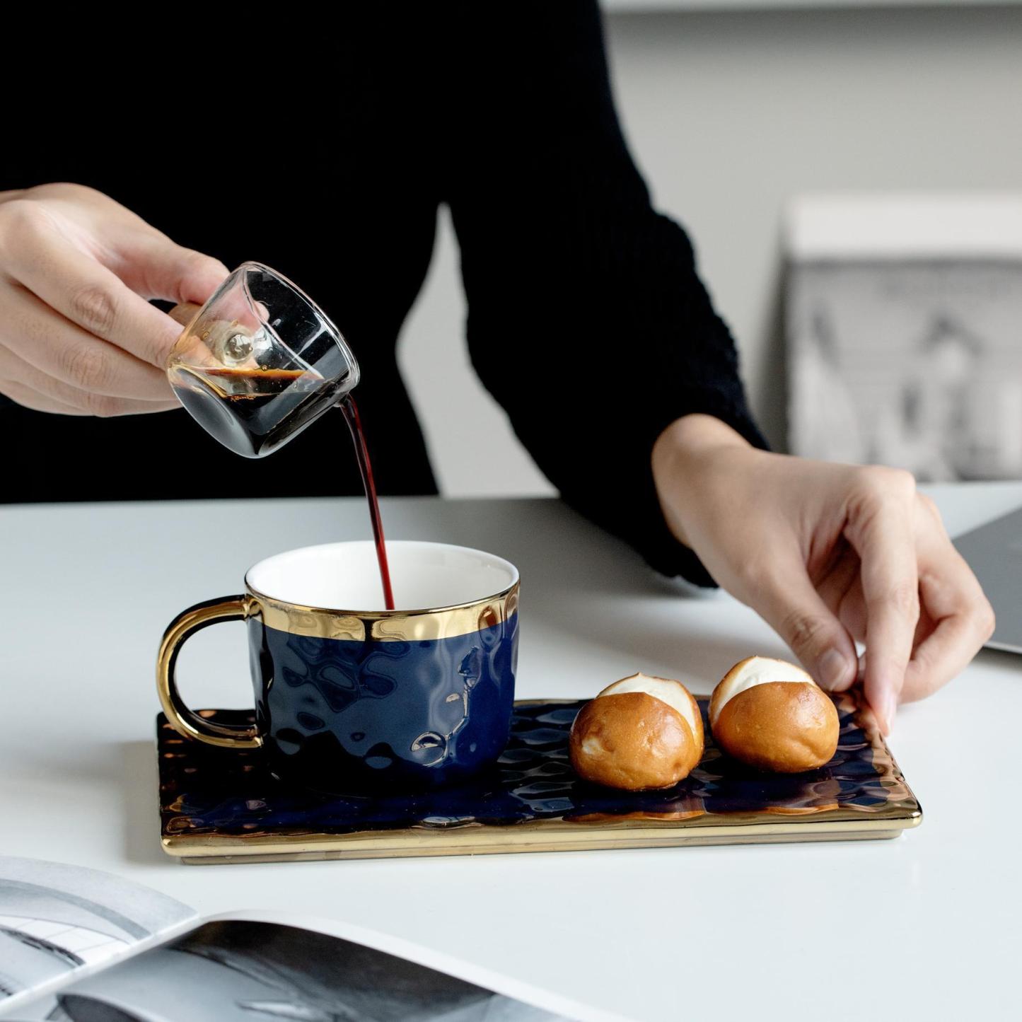 Nordic Luxury Ceramic Coffee Set with Saucer – 6oz Minimalist Espresso Cup & Square Dish for Home & Gifting (Elegant Green/Blue/Black)