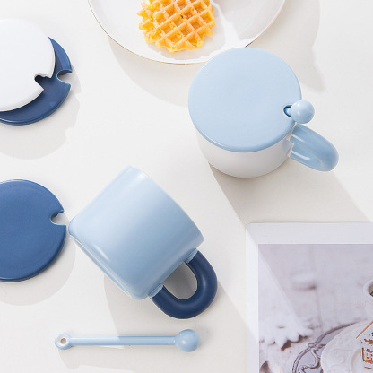 Cute Rabbit Bear Puppy Cartoon Ceramic Mug with Lid & Spoon – 13.5oz Aesthetic Gift for Students, Couples & Branding (4.3"H x 3.1"D, Gift Box)