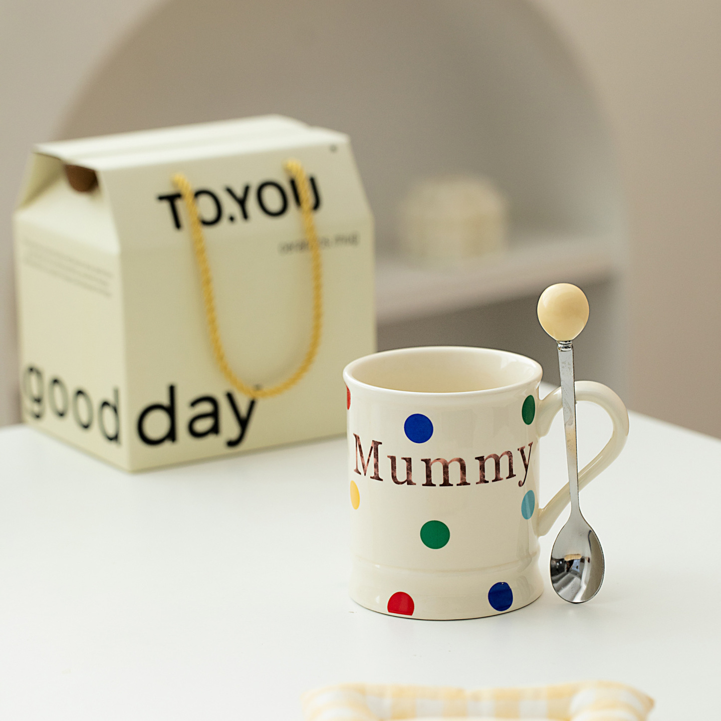 Polka Dot Ceramic Mug with Spoon – 14oz Cute Coffee Cup for Women, Office & Gifting (3.9"H x 3.3"W, Microwave-Safe, Customizable)